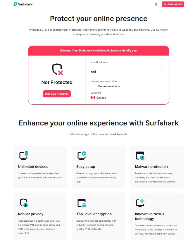 Marketing graphic highlighting Surfshark VPN benefits